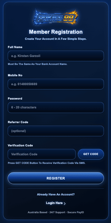 POKIES88 Member Registration Form